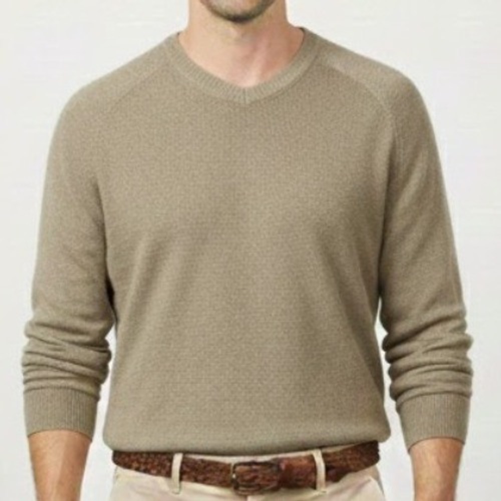 Gap Men's V‎ Neck Sweater Taupe Heathered Long Sleeve Knit Pullover XL Preppy